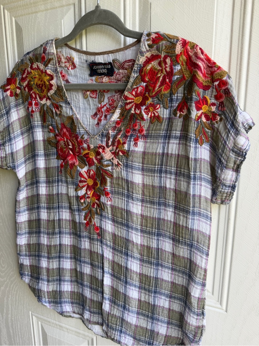 Johnny Was Workshop Embroidered Plaid Gauze Boho Bird Top Medium Floral - Picture 5 of 12